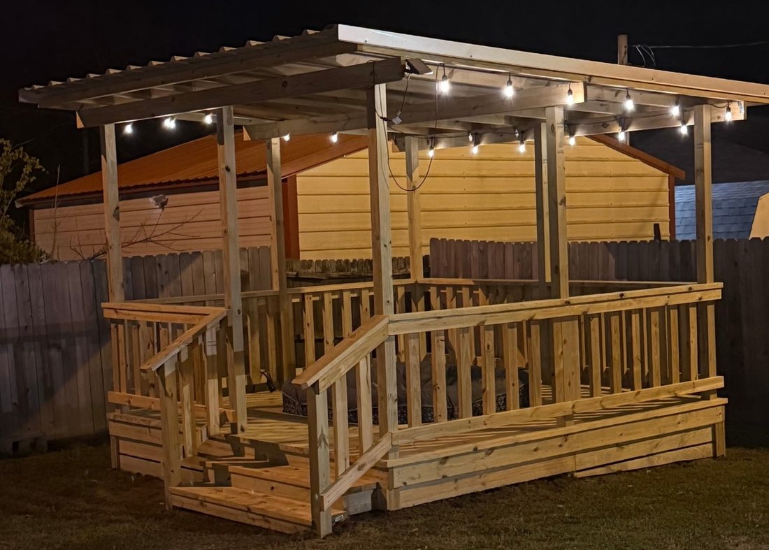 Covered deck pavilion with string lights