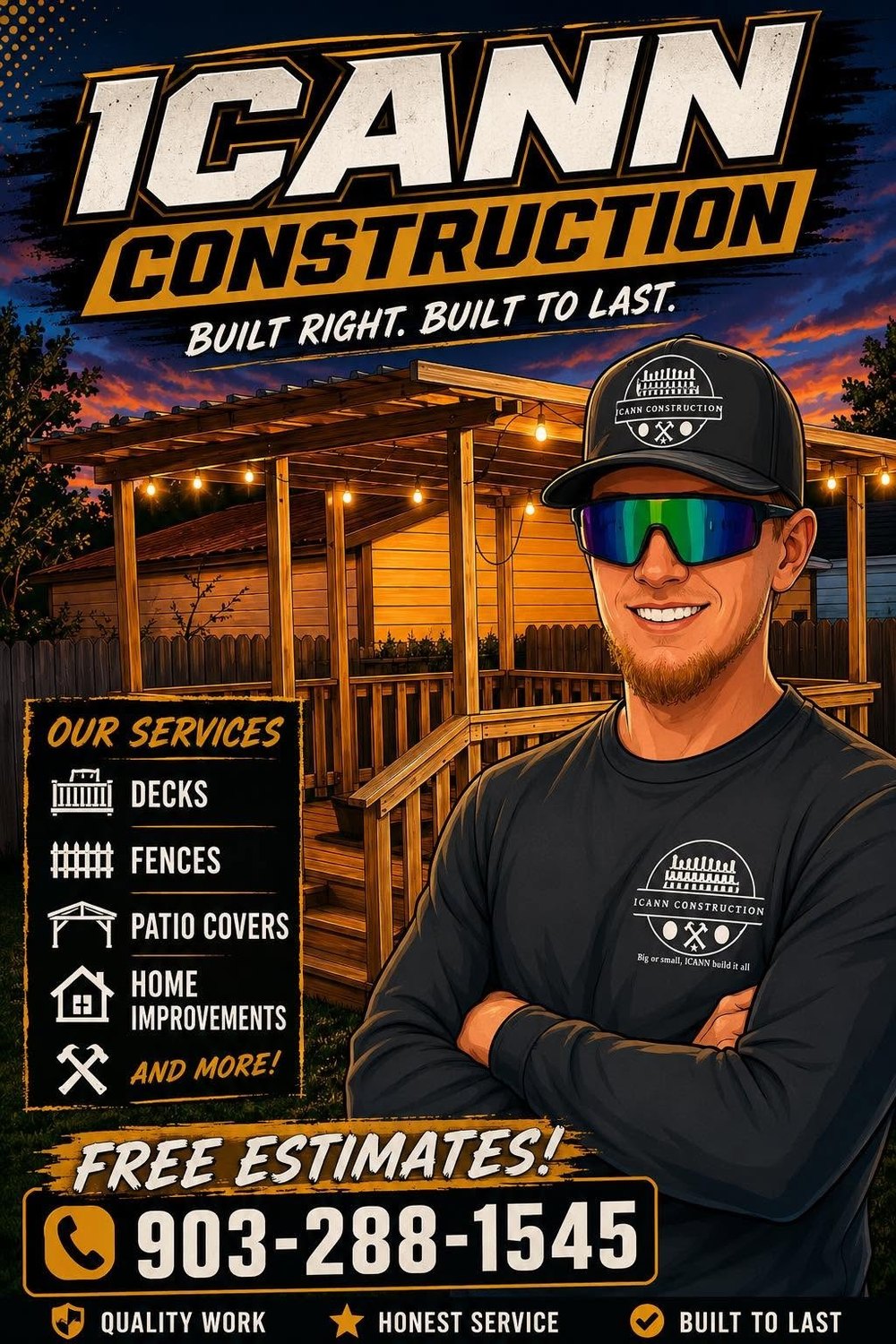 ICANN Construction — Built Right. Built to Last. Decks, fences, patio covers, home improvements. Free estimates 903-288-1545
